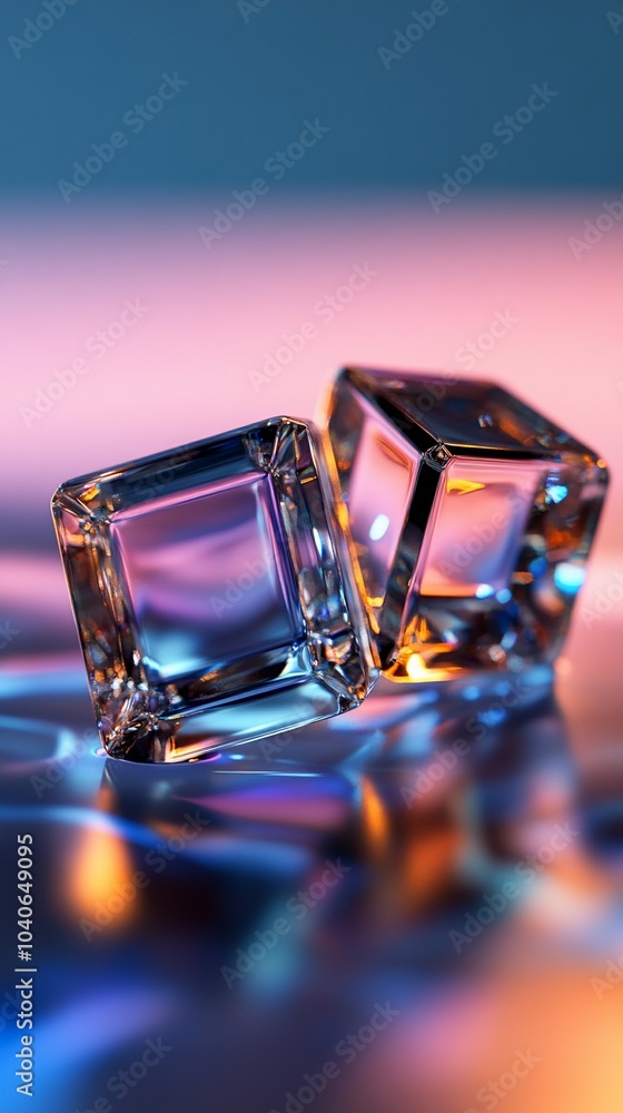 Poster two clear ice cubes on a reflective surface illuminated by colorful lights.