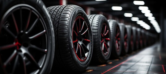 Obraz premium New performance tires displayed in a modern automotive workshop with bright lighting