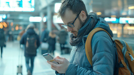 A young man in glasses, a blue jacket, and a scarf, with a backpack on his back, checks his flight details in the airport terminal. Travel.