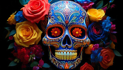 Luminous sugar skull adorned with vibrant roses and intricate designs
