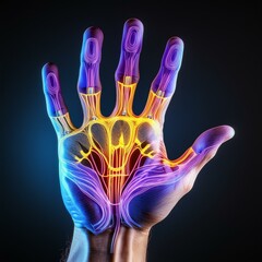 Naklejka premium Detailed visual representation of the hand's anatomy, including nerves, muscles, and bones.