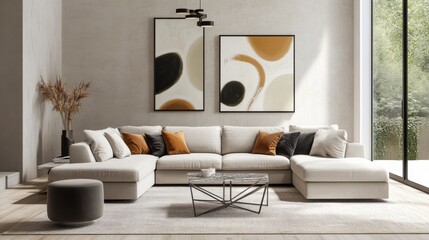 A stylish living room with an oversized sectional sofa, a geometric coffee table, and abstract wall art