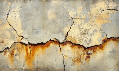 Obraz premium Close-up view of an aged concrete wall displaying prominent cracks, wear, and rust in a weathered urban environment during daylight