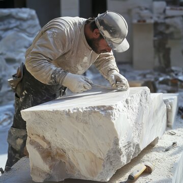 Skilled stonecutter shaping a large block of marble with precision tools