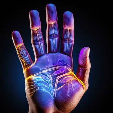 Educational diagram of a hand's anatomy, focusing on the interconnectedness of muscles and nerves.