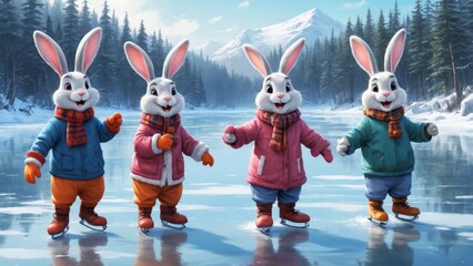 Four cheerful rabbits glide gracefully on an icy lake surrounded by snowy mountains and trees