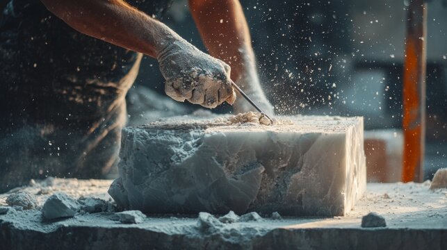 Skilled stonecutter shaping a large block of marble with precision tools