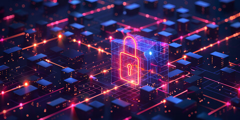 Digital lock on a futuristic grid in data security concept, 3D lock icon on virtual grid with data encryption technology

