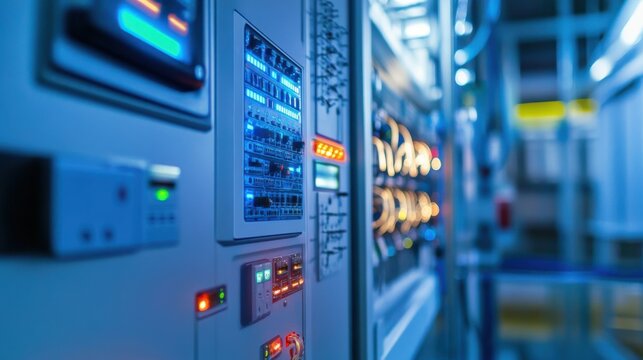A detailed view of a renewable energy microgrid control system, with smart grid management features, Energy technology style