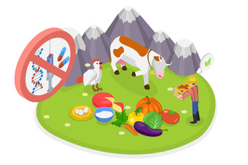 3D Isometric Flat  Illustration of Organic Farming, Products Without Antibiotics, Hormones, or GMO Ingredients