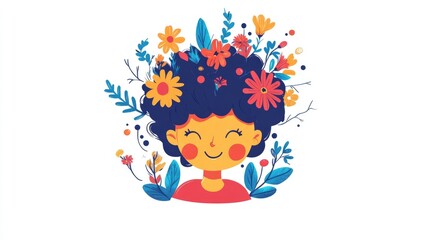 Playful mascot featuring a unique kid like appearance Adorable character with a joyful abstract face surrounded by flowers Simple childish design with a head shape Isolated on a white background