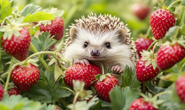 Curious young hedgehog , Atelerix albiventris, in the bushes of strawberries in garden among red berries
