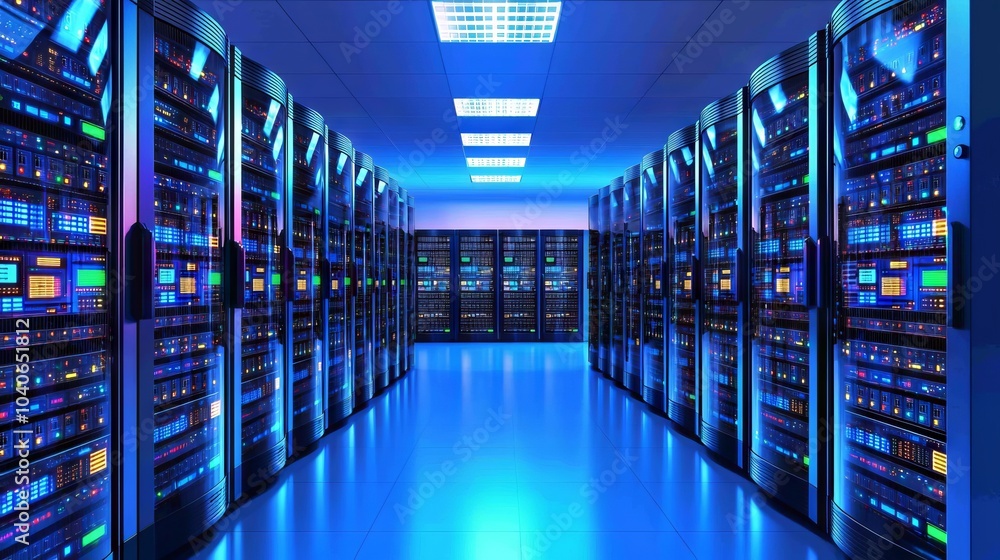 Poster image of a modern data center displaying multiple rows of fully operational server racks. computer t