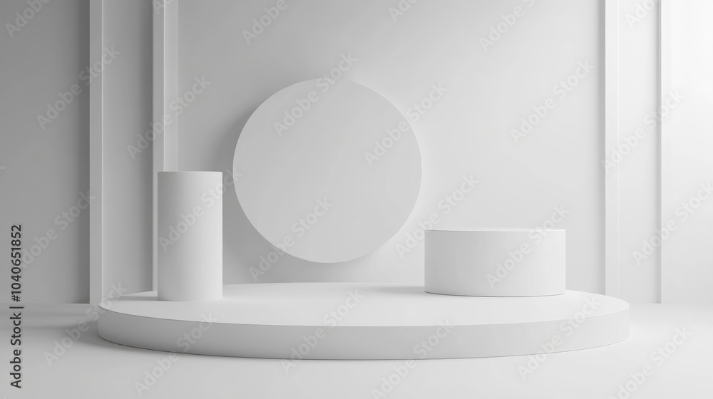 Poster abstract background featuring geometric shapes including a minimal cylinder and cube podium an empty