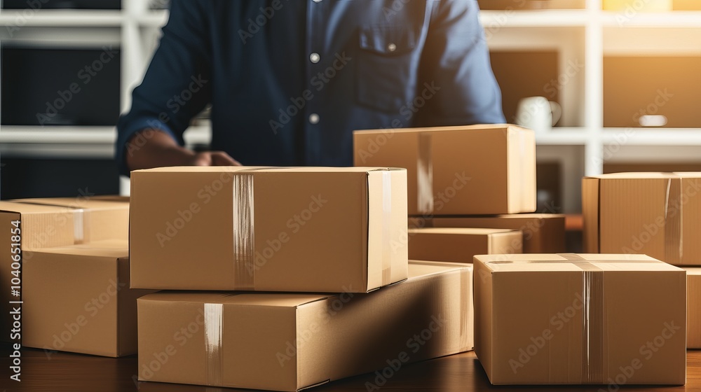 Aufkleber worker organizing a stack of cardboard boxes in a well-lit workspace during the afternoon