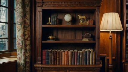 A charming wooden bookshelf filled with classic literature and decorative items.