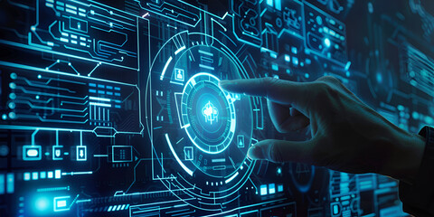 Futuristic user interface technology with hand interacting, Digital interface with hand activating holographic display
