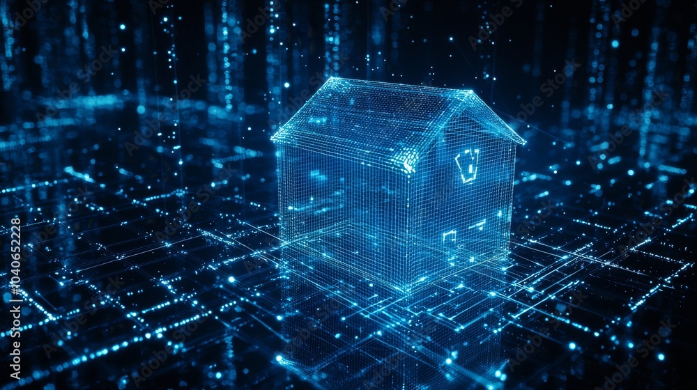 Poster iot concept banner of smart home technology. building consists of digits and connected with icons of