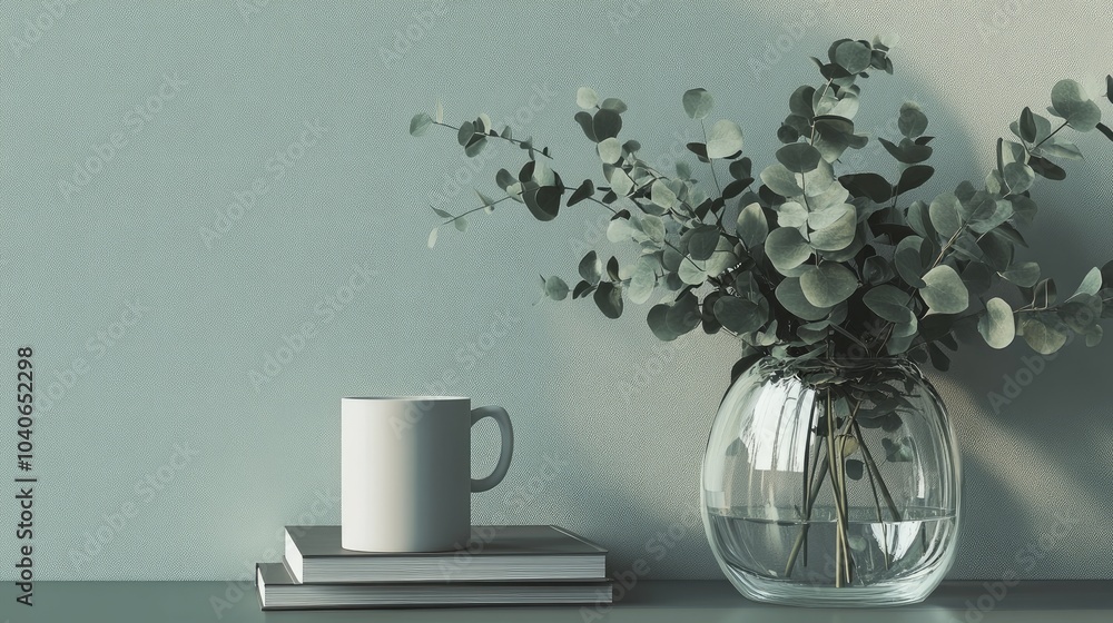 Poster 3d rendering of a mug placed on a stack of books next to a transparent vase filled with eucalyptus b