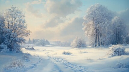 Obraz premium Oil painting depicting winter scenery with a serene landscape covered in snow