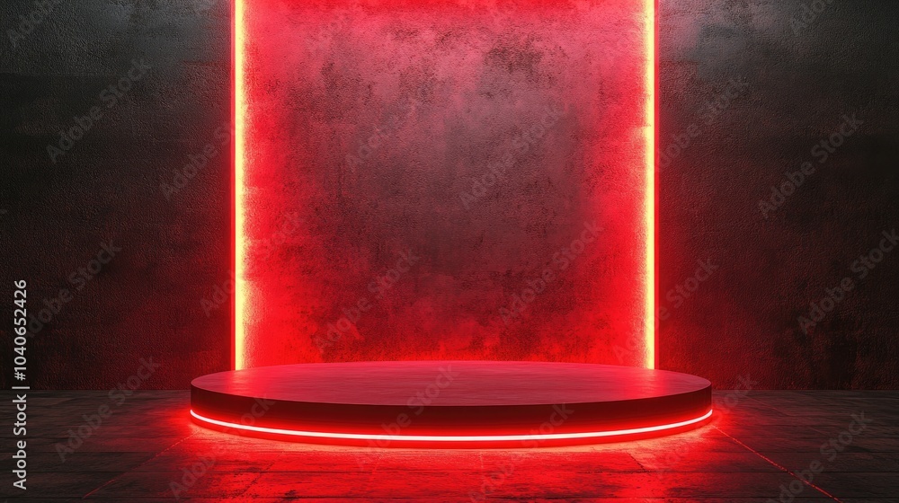 Poster red neon light product background featuring a podium on a textured street floor with a glowing spotl