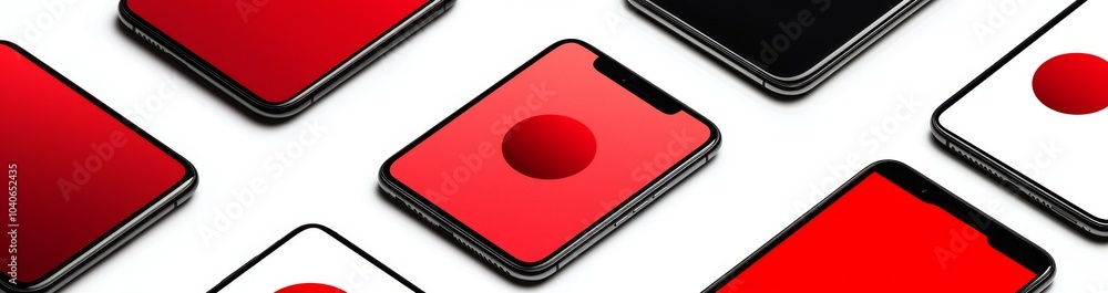Poster various smartphone positions, with blank displays isolated in a 3d template, showing different types
