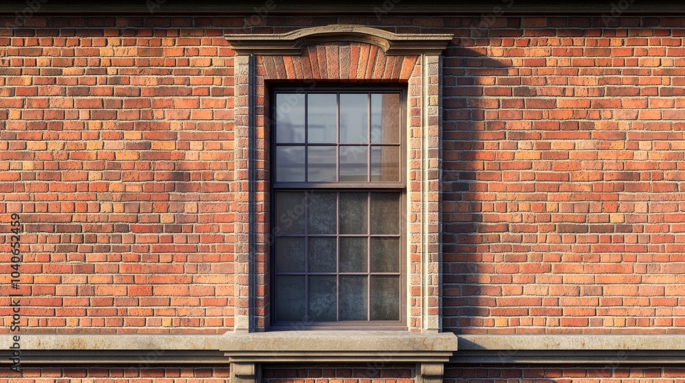 Poster detailed 3d rendering of a historic station building featuring a window and frame set within a brick