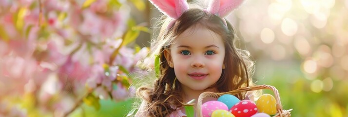 Fototapeta premium Cute Child Holds Basket with Easter eggs, Painted Eggs in Cute Little Boy Hands, Wearing Bunny Ears