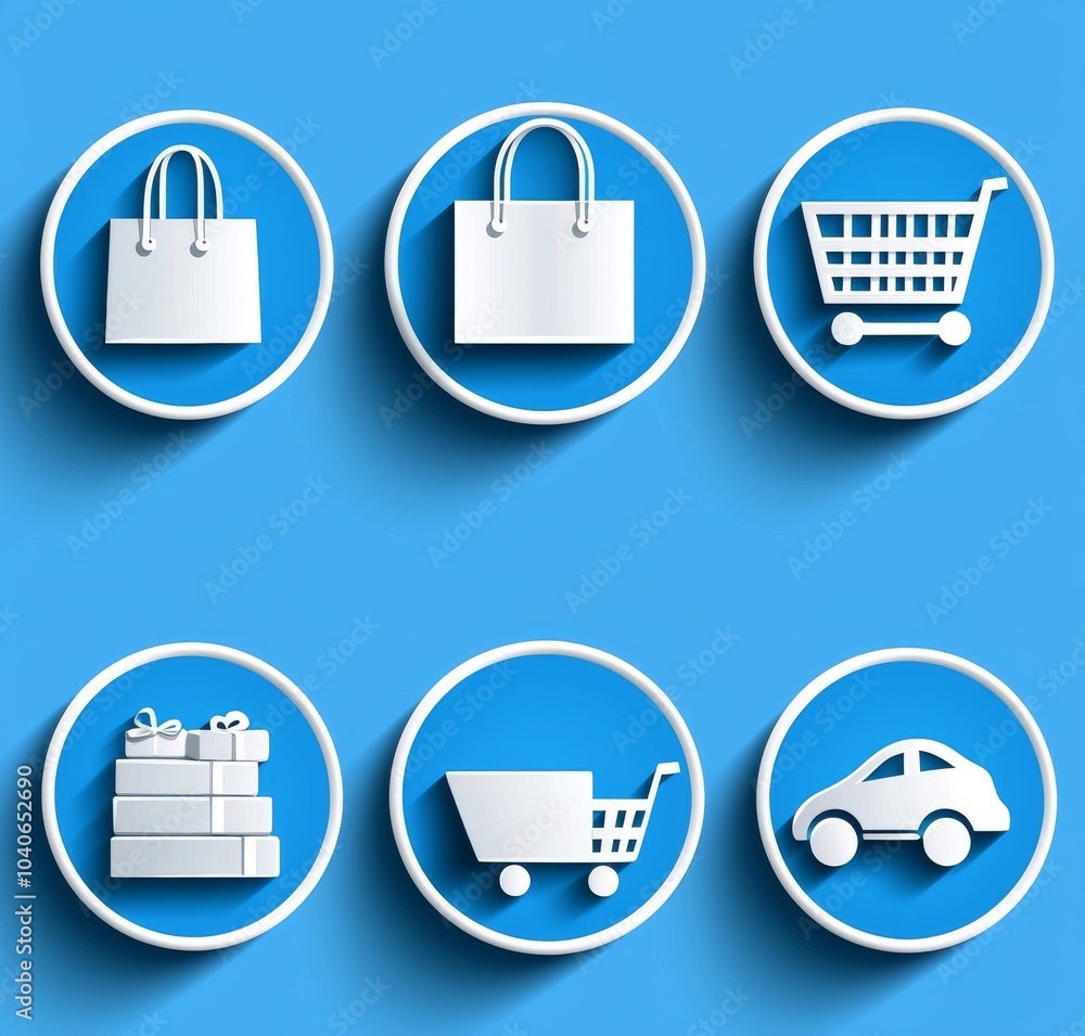 Poster e-commerce modern icons on puffy paper circles and transparent shadows. modern icons for web, mobile
