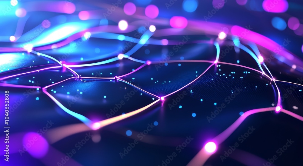 Poster big data illustration with neon background and bokeh effect of a neural network. abstract big data c