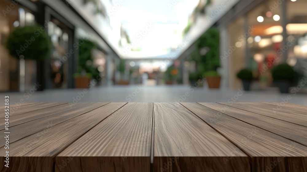 Poster 3d rendering of an empty wooden table space platform with a blurred shopping mall background