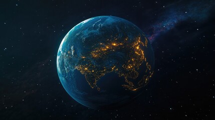 Naklejka premium Beautiful planet Earth depicted in a 3D cartoon rendering showcasing night lights of cities from space Stunning nighttime view of the planet highlighting urban areas in Asia Concept of development