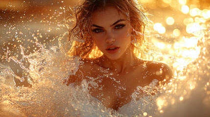 Obraz premium woman in a flowing white dress, performing a dynamic contemporary dance amidst a powerful, expansive wave of positive energy