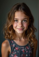 A young Caucasian girl with beautiful brown eyes and wavy hair stands smiling softly. Her playful demeanor shines through as she poses in a cozy setting in France. Generative AI