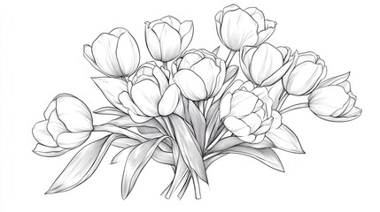 Fototapeta premium Elegant bouquet of tulips in line art design Continuous line drawing featuring stylized roses Illustrative symbol of spring