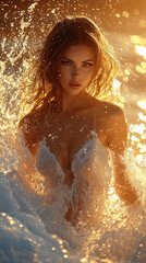 Obraz premium woman in a flowing white dress, performing a dynamic contemporary dance amidst a powerful, expansive wave of positive energy