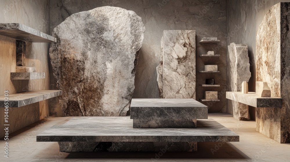 Aufkleber product display podium with rough stone slabs marble countertop concrete table and stone shelves fea