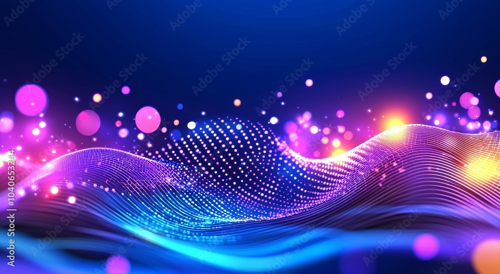 Poster a rendering of a neural network in 3d displayed on a vibrant, colorful background with a bokeh effec