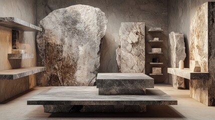 Product display podium with rough stone slabs marble countertop concrete table and stone shelves featuring a grunge texture in a 3D rendering