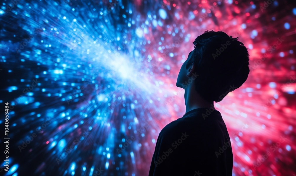 Poster an awe-inspiring image of a person watching a 3d projection mapping show, capturing the wonder and e