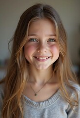 Fototapeta premium A young Caucasian girl with beautiful brown eyes and wavy hair stands smiling softly. Her playful demeanor shines through as she poses in a cozy setting in France. Generative AI