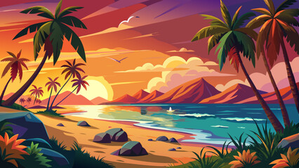 Stunning sunset over a tropical beach with palm trees, mountains, and gentle waves lapping at the shore