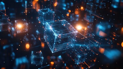 Fototapeta premium Blockchain network concept featuring rotating digital cubes illustrating high speed internet connection and technology within the metaverse and cryptocurrency space 3D rendering background