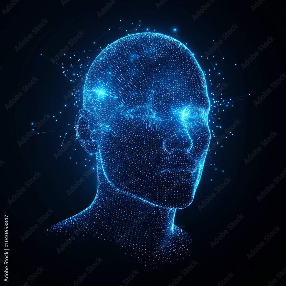 Poster an image of a human face created using generative stock. concept of stock.