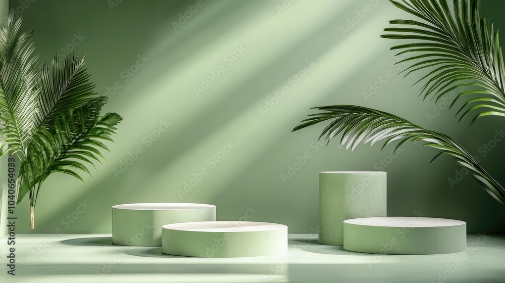 Poster empty green mock up area featuring various platforms and adorned with a green palm leaf decoration 3