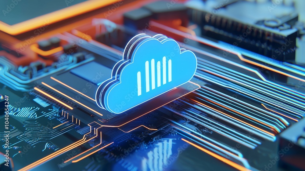 Poster future digital information technology web hologram with cloud icon, blue golden light digits, cloud 