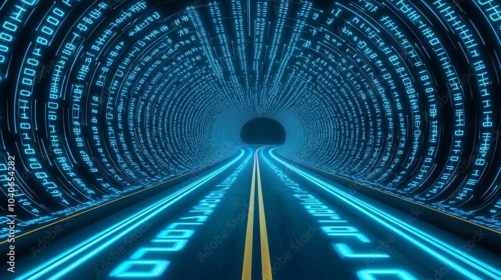 Poster a digital road depicting streams of data, binary code, in 3d