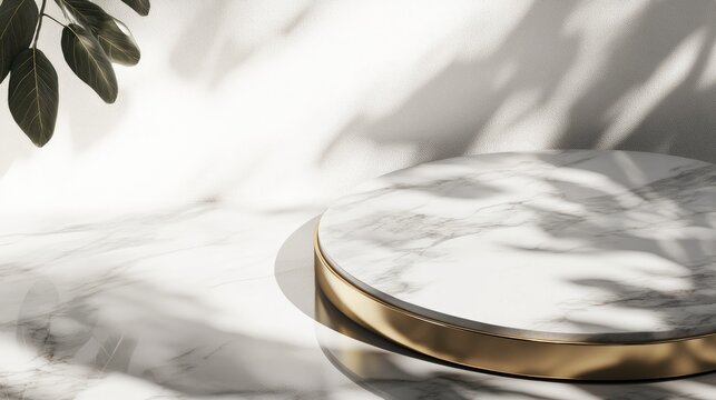Realistic 3D rendered backdrop for product display Close up of an empty round luxury marble pedestal with a golden edge Sunlight and leaf shadows cast on a white wall in the background Premium Bea