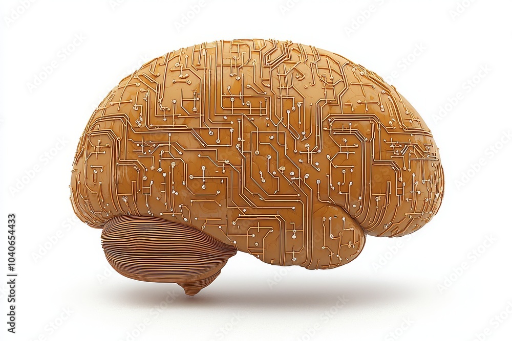 Poster an electronic brain with generative ai made from metallic material isolated on a clean png backgroun
