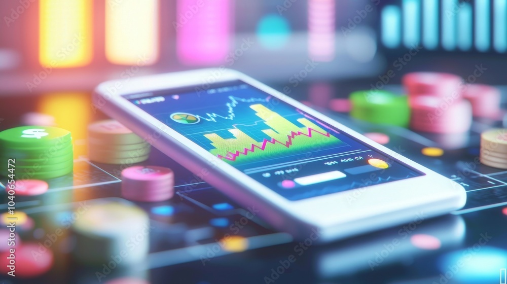 Poster smartphone application that displays business graphs and analytics data on an isometric phone. an in